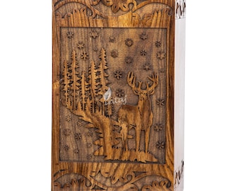 Handmade Rosewood Cremation Urn: Tree of Life Deer Wooden Box