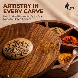 Handcrafted rosewood spice box by INTAJ, round masala dabba with 9 compartments for spices, herbs or dry fruits. Features intricate floral carving on the lid, smooth polished finish and food-safe interior, perfect wooden spice box and kitchen organizer for everyday cooking. Beautiful boho farmhouse décor accent and thoughtful housewarming, wedding or Christmas gift for home chefs and spice lovers, 8.8 inch Indian spice box for countertop storage.