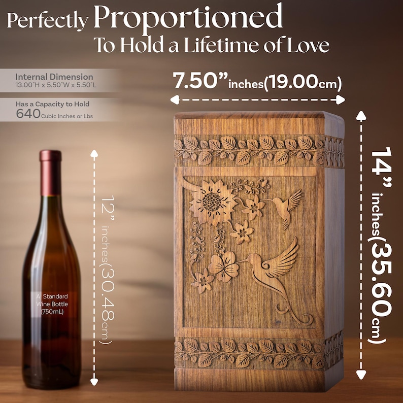 Rosewood hummingbird urn shown next to a wine bottle for scale comparison. Illustrates the physical size of this wooden cremation urn, featuring the clear hummingbird and floral design. Helps visualize the memorial box dimensions.