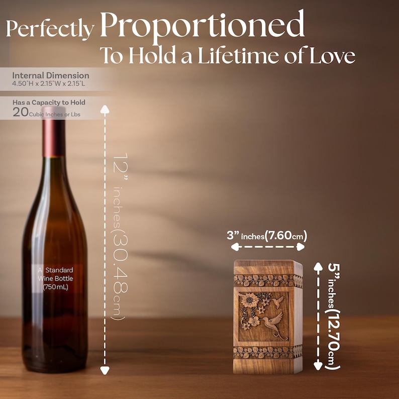 Rosewood hummingbird urn shown next to a wine bottle for scale comparison. Illustrates the physical size of this wooden cremation urn, featuring the clear hummingbird and floral design. Helps visualize the memorial box dimensions.