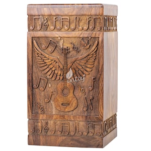 Wooden Cremation Urns for Human Ashes - Guitar Angel Wings with Musical Notes Wooden Carved Box - Memorial Keepsake Urn