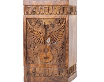 Handmade Rosewood Urn for Human Ashes - Guitar Wings Wooden Box - Personalized Cremation Urn for Ashes Handcrafted - Large Wooden Urn Box