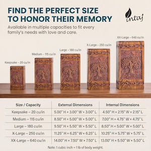 Rosewood Tree of Life urn with peaceful birds, handmade from solid, legally sourced wood, shown in multiple lifestyle scenes for ashes burial, home memorial display, columbarium niches and scattering in nature. Features secure sliding bottom opening with screw, TSA-approved design for travel, and size options from keepsake to XX-large family urn. Warm, comforting finish blends with modern décor, creating a meaningful, dignified tribute and thoughtful sympathy gift.