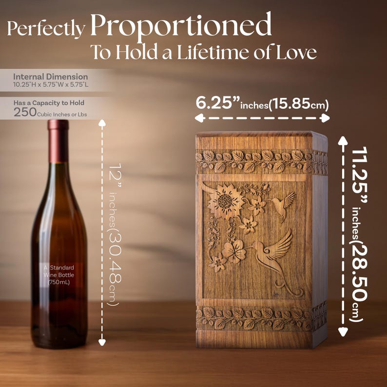 Rosewood hummingbird urn shown next to a wine bottle for scale comparison. Illustrates the physical size of this wooden cremation urn, featuring the clear hummingbird and floral design. Helps visualize the memorial box dimensions.