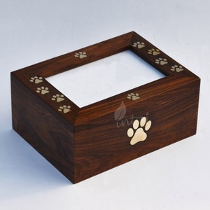 Handcrafted Pet Urn for Dogs Ashes - Photo Frame Wooden Box Urn for Ashes - Rosewood Brass Paws Inlaid Cremation Pet Urns - Wooden Box