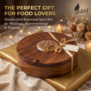 Handcrafted rosewood spice box by INTAJ, round masala dabba with 9 compartments for spices, herbs or dry fruits. Features intricate floral carving on the lid, smooth polished finish and food-safe interior, perfect wooden spice box and kitchen organizer for everyday cooking. Beautiful boho farmhouse décor accent and thoughtful housewarming, wedding or Christmas gift for home chefs and spice lovers, 8.8 inch Indian spice box for countertop storage.