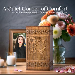 May include: A wooden cremation urn with a carved hummingbird and floral design. The urn is on a wooden table with a lit candle and a framed photo.
