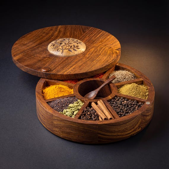 INTAJ Masala Dabba Spice Box, Sheesham Wood Floral Burnt Masala Dani, 9 Compartments with Spoon, Indian Spice Organizer, Gift for Her Mom