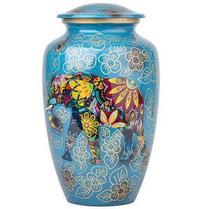 Handmade Cremation Urn for Human Ashes, Elepant with Golden Floral Painted Urns for Ashes, Memorial Keepsake and Adult Urn for Mom/Dad