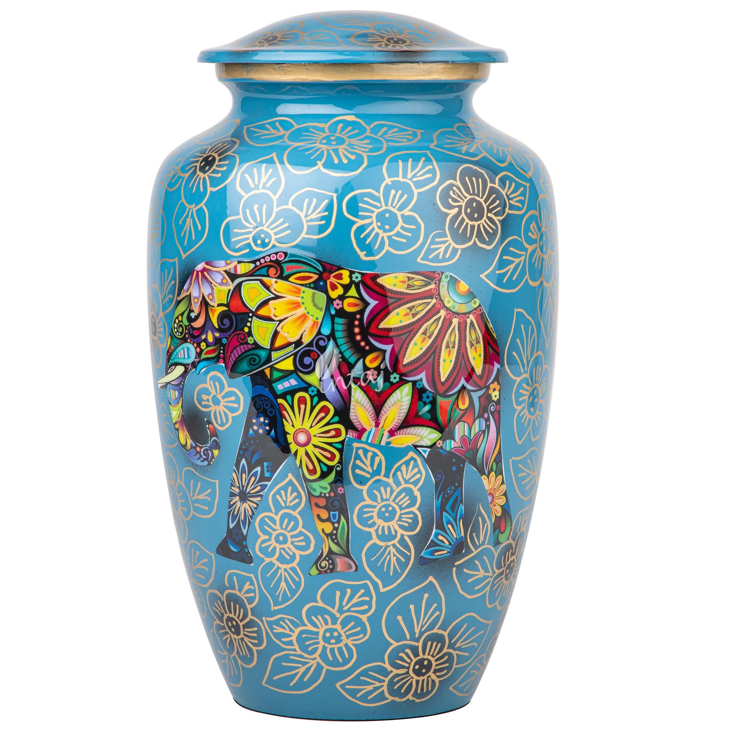 Handmade Cremation Urn for Human Ashes, Elepant with Golden Floral Painted Urns for Ashes, Memorial Keepsake and Adult Urn for Mom/Dad