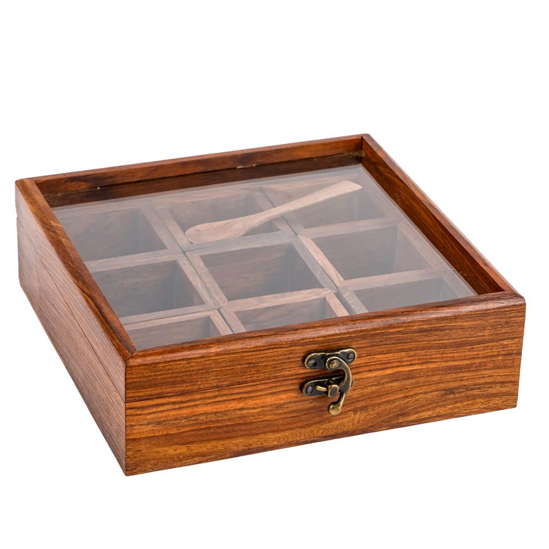 INTAJ Sheesham Wood Floral Burnt Kitchen Decorative Masala Box/Masala Dani Utility Spice Box Set - Perfect Gift for Her, Mom, Christmas
