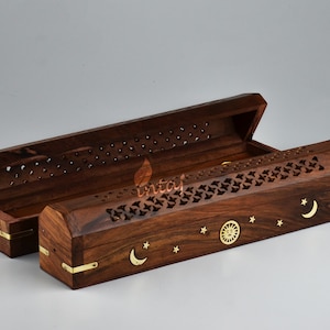 Handmade Wooden Incense Stick Holder/Burner - Pack of 2 Rosewood Incense Stick Box Leaf Carved Ying Yang Incense Cone Holder