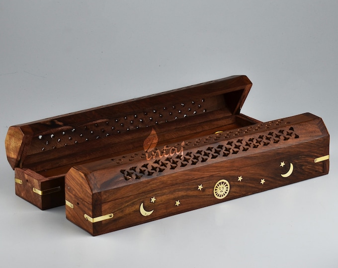 Handmade Wooden Incense Stick Holder/Burner - Pack of 2 Rosewood Incense Stick Box Leaf Carved Ying Yang Incense Cone Holder