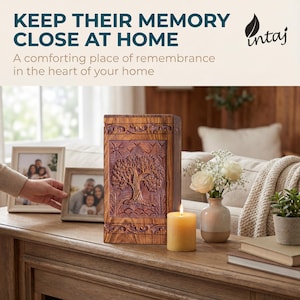 Rosewood Tree of Life urn with peaceful birds, handmade from solid, legally sourced wood, shown in multiple lifestyle scenes for ashes burial, home memorial display, columbarium niches and scattering in nature. Features secure sliding bottom opening with screw, TSA-approved design for travel, and size options from keepsake to XX-large family urn. Warm, comforting finish blends with modern décor, creating a meaningful, dignified tribute and thoughtful sympathy gift.