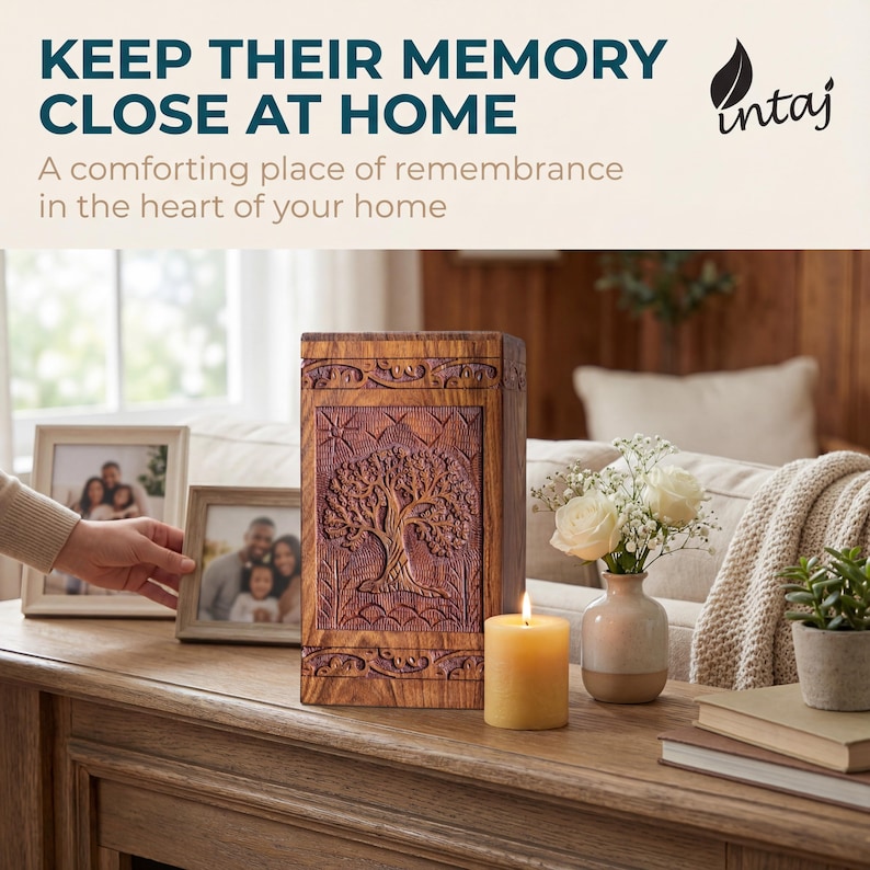 Rosewood Tree of Life urn with peaceful birds, handmade from solid, legally sourced wood, shown in multiple lifestyle scenes for ashes burial, home memorial display, columbarium niches and scattering in nature. Features secure sliding bottom opening with screw, TSA-approved design for travel, and size options from keepsake to XX-large family urn. Warm, comforting finish blends with modern décor, creating a meaningful, dignified tribute and thoughtful sympathy gift.
