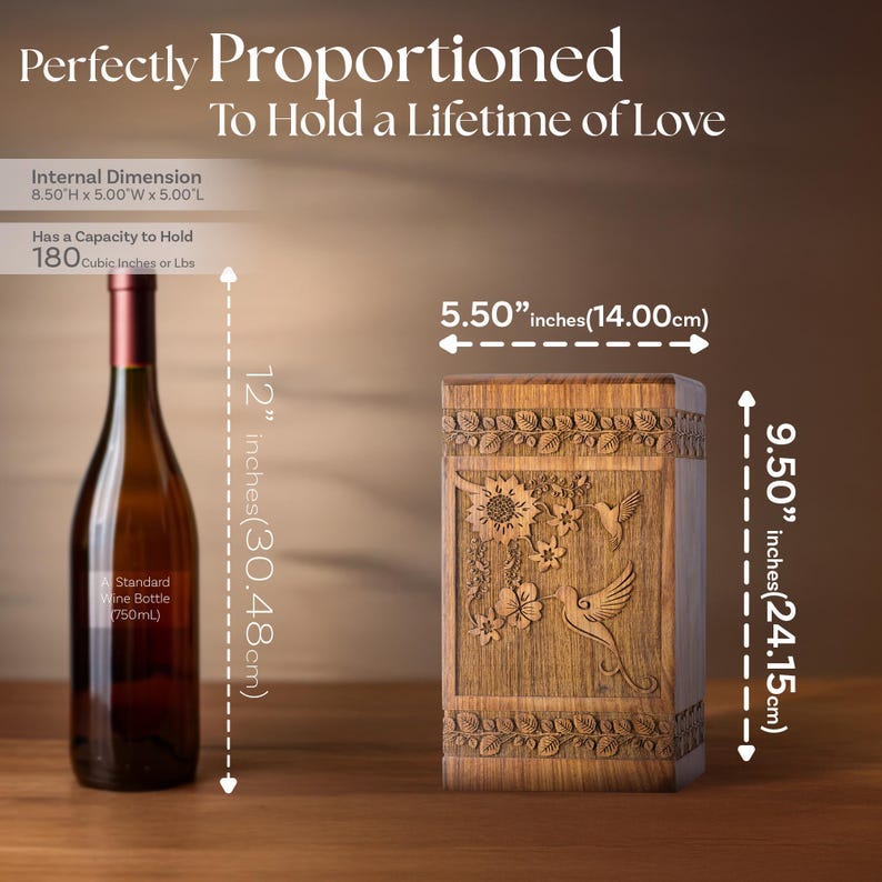 Rosewood hummingbird urn shown next to a wine bottle for scale comparison. Illustrates the physical size of this wooden cremation urn, featuring the clear hummingbird and floral design. Helps visualize the memorial box dimensions.