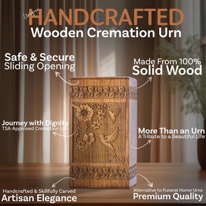 Collection of Rosewood hummingbird urns displayed together in various sizes, from small keepsake to large adult urn capacity. Shows the consistent floral and bird design across the range of handmade wooden memorial boxes for ashes.