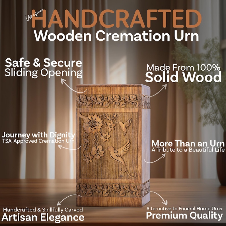 Collection of Rosewood hummingbird urns displayed together in various sizes, from small keepsake to large adult urn capacity. Shows the consistent floral and bird design across the range of handmade wooden memorial boxes for ashes.