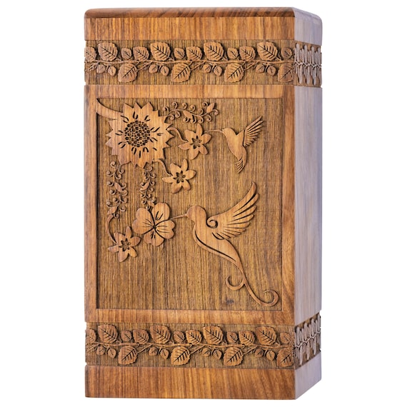 Rosewood Cremation Urn for Human Ashes, Hummingbird Floral Carved Wooden Memorial Keepsake Box Adult