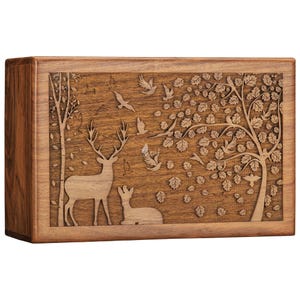INTAJ Rosewood Urn Human Ashes, Engraved Deer Scene with birds Trees, Wooden Adult Cremation Urn, Handmade Unique Woodland Memorial Keepsake