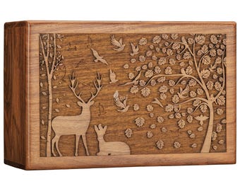 Rosewood Cremation Urn for Human Ashes, Engraved Deer Woodland Scene Wooden Memorial Keepsake Box