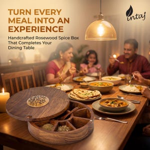 Handcrafted rosewood spice box by INTAJ, round masala dabba with 9 compartments for spices, herbs or dry fruits. Features intricate floral carving on the lid, smooth polished finish and food-safe interior, perfect wooden spice box and kitchen organizer for everyday cooking. Beautiful boho farmhouse décor accent and thoughtful housewarming, wedding or Christmas gift for home chefs and spice lovers, 8.8 inch Indian spice box for countertop storage.