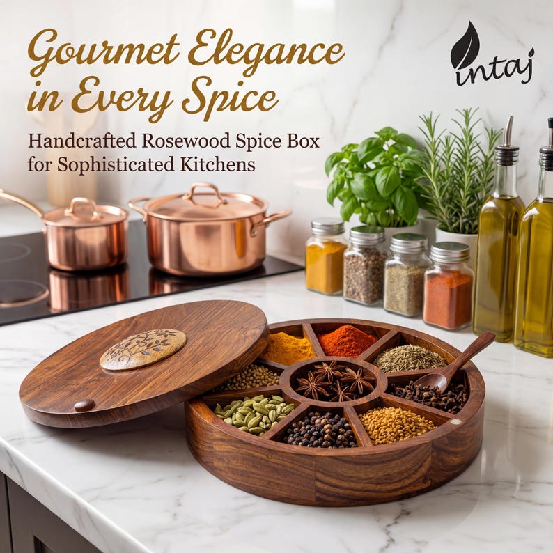 Handcrafted rosewood spice box by INTAJ, round masala dabba with 9 compartments for spices, herbs or dry fruits. Features intricate floral carving on the lid, smooth polished finish and food-safe interior, perfect wooden spice box and kitchen organizer for everyday cooking. Beautiful boho farmhouse décor accent and thoughtful housewarming, wedding or Christmas gift for home chefs and spice lovers, 8.8 inch Indian spice box for countertop storage.