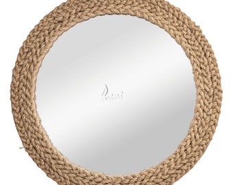 Rustic Round Rope Wall Mirror, Jute Braided Boho Coastal Farmhouse Nautical Bedroom Hanging Decor