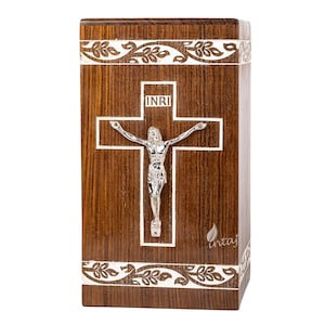 Cross Engraved Cremation Urns for Human Ashes Adult Large Funeral Burial Urn for Ashes Handcrafted - Wooden Box Memorial Urn