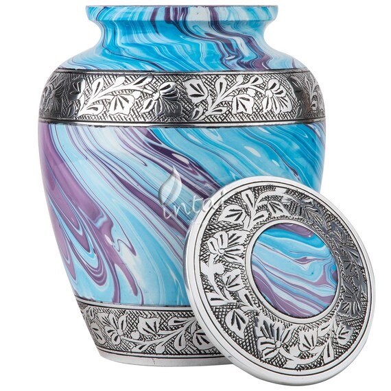 Hand Carved Medium Cremation Urn For Human Ashes - Engraved Pewter Finish, 6 Inch Silver Urn - View #5