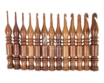 Wooden Crochet Hooks Set of 13 - Set 3.5mm to 16mm - Natural Hand Turned Ergonomic Custom Crochet Hooks - Engraved with Sizes