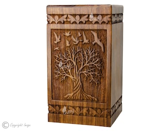 Tree of Life Wooden Cremation Urn: Hand Carved Memorial Keepsake