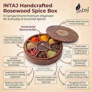 Handcrafted rosewood spice box by INTAJ, round masala dabba with 9 compartments for spices, herbs or dry fruits. Features intricate floral carving on the lid, smooth polished finish and food-safe interior, perfect wooden spice box and kitchen organizer for everyday cooking. Beautiful boho farmhouse décor accent and thoughtful housewarming, wedding or Christmas gift for home chefs and spice lovers, 8.8 inch Indian spice box for countertop storage.