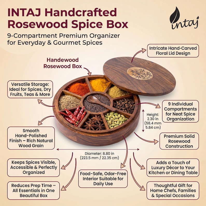 Handcrafted rosewood spice box by INTAJ, round masala dabba with 9 compartments for spices, herbs or dry fruits. Features intricate floral carving on the lid, smooth polished finish and food-safe interior, perfect wooden spice box and kitchen organizer for everyday cooking. Beautiful boho farmhouse décor accent and thoughtful housewarming, wedding or Christmas gift for home chefs and spice lovers, 8.8 inch Indian spice box for countertop storage.