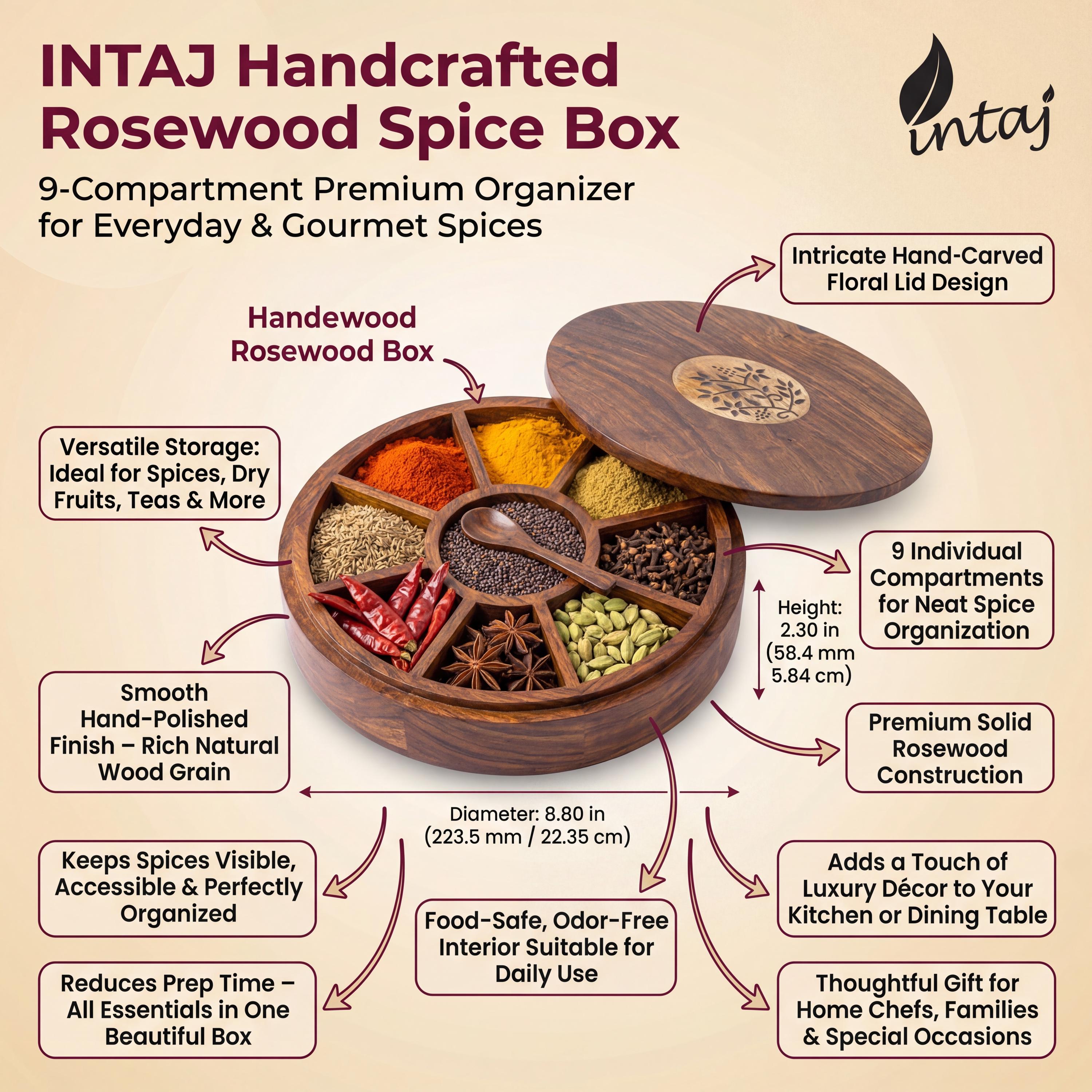 INTAJ Sheesham Wood Floral Burnt Kitchen Decorative Masala Box