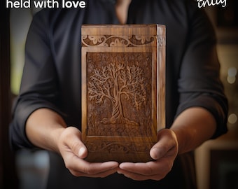 Personalized Handcarved Wooden Cremation Urn for Human Ashes - Tree of Life,Suitable for Adult Men and Women - Wooden Box for Ashes
