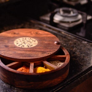 Sheesham Wood Floral Burnt Kitchen Decorative Masala Box/ Masala Dani Utility Spice Box Set