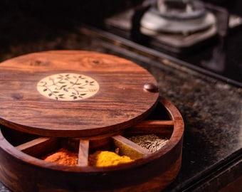Sheesham Wood Floral Burnt Kitchen Decorative Masala Box/ Masala Dani Utility Spice Box Set