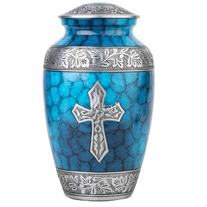 Handmade Royal Blue Cremation Urn: Large Funeral Urn with Cross