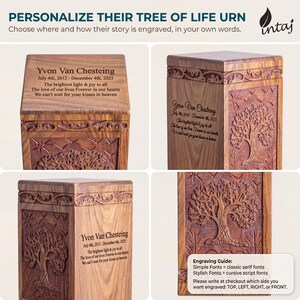 Rosewood Tree of Life urn with peaceful birds, handmade from solid, legally sourced wood, shown in multiple lifestyle scenes for ashes burial, home memorial display, columbarium niches and scattering in nature. Features secure sliding bottom opening with screw, TSA-approved design for travel, and size options from keepsake to XX-large family urn. Warm, comforting finish blends with modern décor, creating a meaningful, dignified tribute and thoughtful sympathy gift.