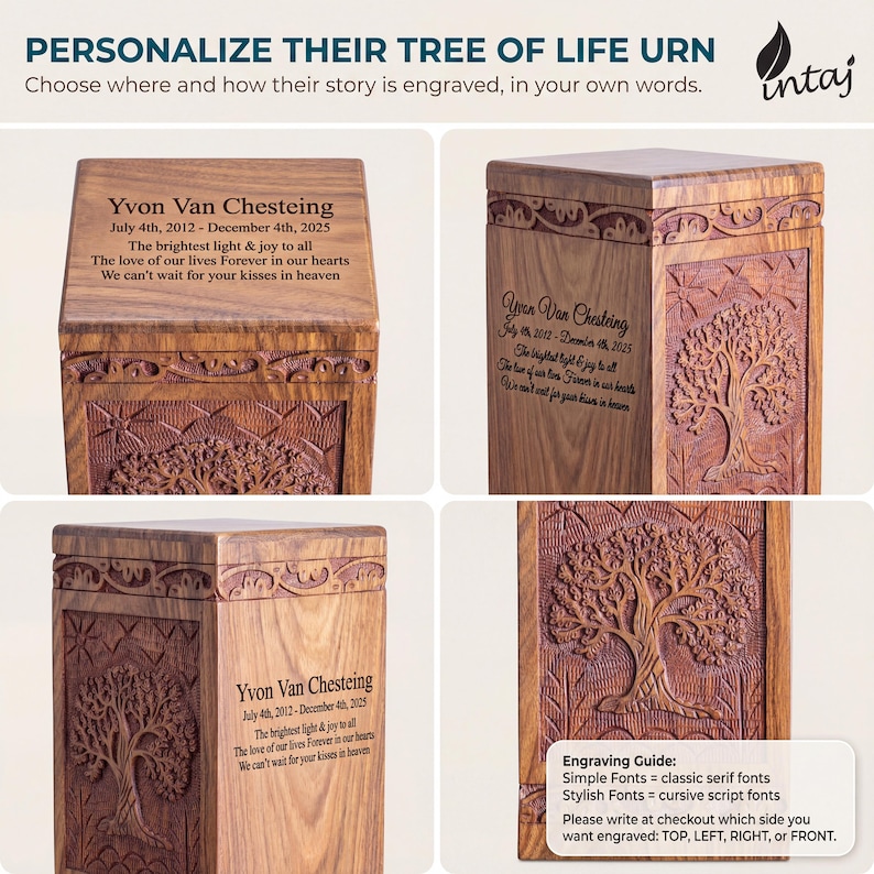 Rosewood Tree of Life urn with peaceful birds, handmade from solid, legally sourced wood, shown in multiple lifestyle scenes for ashes burial, home memorial display, columbarium niches and scattering in nature. Features secure sliding bottom opening with screw, TSA-approved design for travel, and size options from keepsake to XX-large family urn. Warm, comforting finish blends with modern décor, creating a meaningful, dignified tribute and thoughtful sympathy gift.