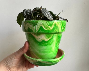 Monochromatic Painted Pot with Matching Saucer