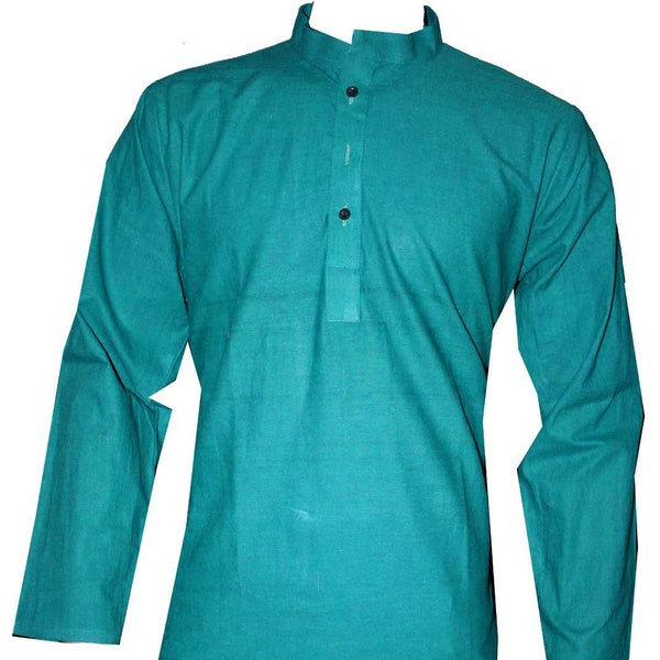 Indian Men’s Shirt 100% Cotton Tunic Kurta Ethnic Tees Solid Plain Print teal color Plus Size