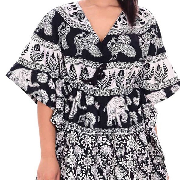 Robe longue femme indienne Éléphant Noir Impression Coton Pur Kaftan Caftan Tunique Frock Costume Boho Maxi Robe Plus Taille