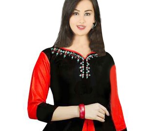 Indian Long Embroidered Women/'s Dress Kurti Ethnic Pure Cotton Maxi Gown Solid Multiple Color Tunic Plus Size