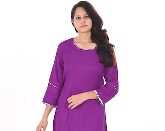 Indian Long Dress Kurti Women's 100%Cotton Maxi Gown Ethnic Solid Purple Color Top Tunic Plus Size