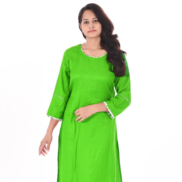 Top tunique robe costume couleur verte unie Boho grande taille Kurti Long 100 % coton robe longue ethnique robe Maxi de la jeune fille femmes indiennes