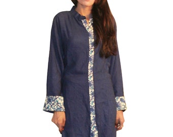 Indian Cotton Women's Top Solid Blue Color Tunic Girl's Fashion Casual Kurti Plus Size