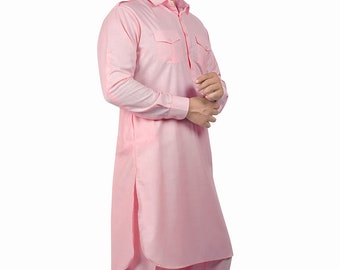 Pakistani Men's 100% Cotton Solid Plain Pink Pathani Kurta With salwar Ethnic Shirt Kameez Pajama Pant trouser Set Plus Size