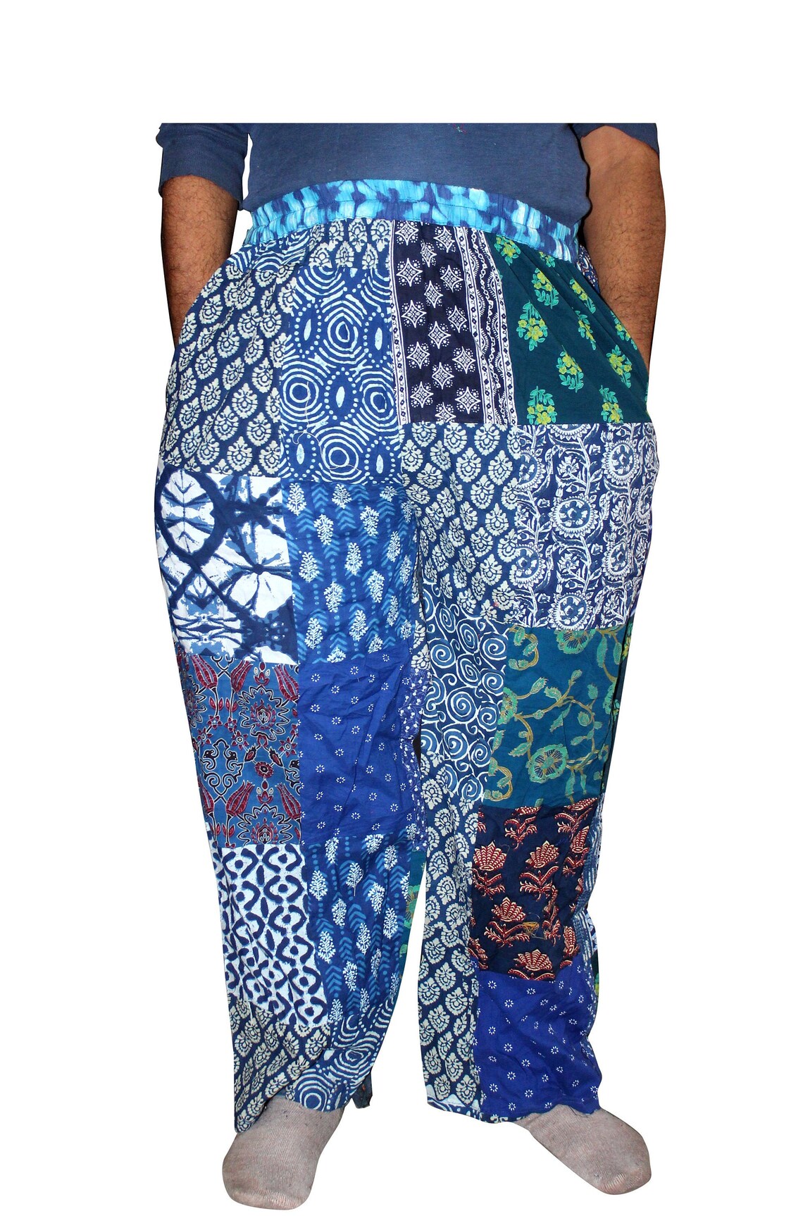 Indian pants men's Cotton Blue patchwork Beach Wear Baggy Etsy